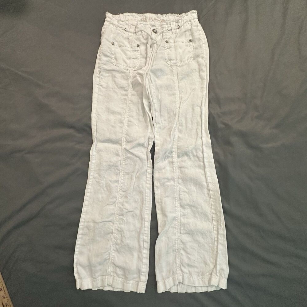 Guess 100% Linen Pants Womens 27 White Low Rise Bootcut Lounge Beach Drawstring